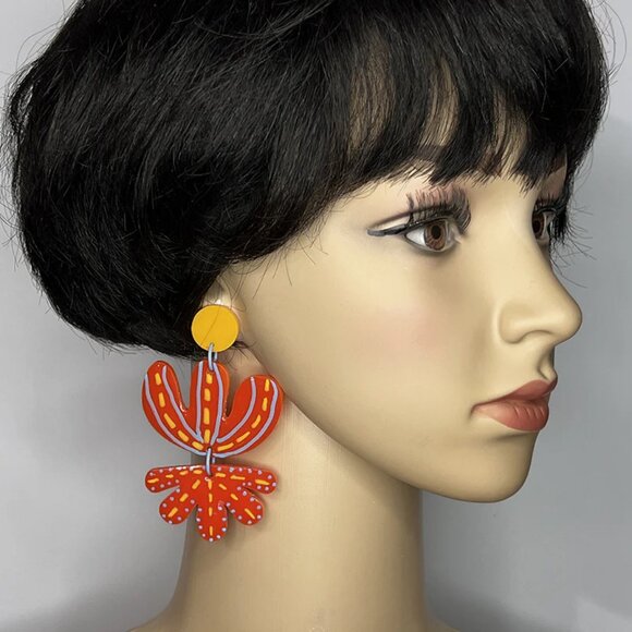 Handpainted Bold Boho Flower Child Statement Earrings - Picture 2 of 4